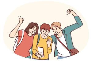 Overjoyed students with phone rejoice receive SMS notification about cancellation classes at college vector