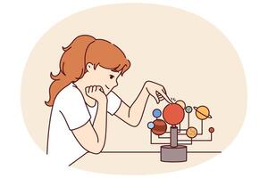 Little girl is studying solar system and location of planets in space, wanting to become astronomer vector