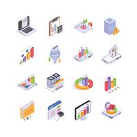 Isometric icons represents data analysis, cloud computing, and digital marketing vector