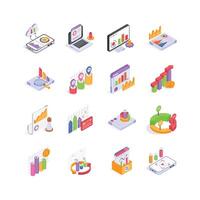 Modern, clean isometric icons representing various aspects of business data and analysis vector