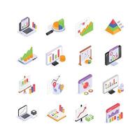 This vibrant set of isometric icons depicts various aspects of data analysis, vector