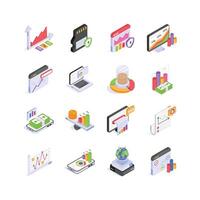 This pack of colorful isometric icons presents diverse business concepts, including data analysis vector