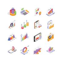 This vibrant set of isometric icons showcases various aspects of business and finance data analysis vector
