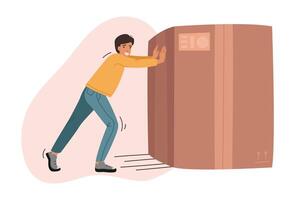 Man pushes heavy box and smiles while moving to new apartment or delivering order vector