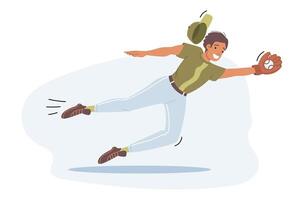 Man playing baseball catches ball and jumps to protect goal and avoid losing in sports game vector
