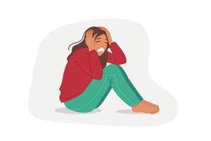 Upset woman is crying, sitting on floor and clutching head, due to panic attack or personal burnout vector