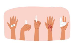 Wounded hands and fingers are wrapped in bandages or covered with adhesive tape. vector