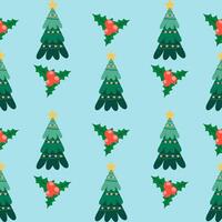 Christmas trees and holly on a blue background vector