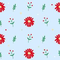 A pattern with red flowers and leaves on a blue background vector