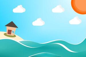 a house is floating in the water with the sun in the background. vector