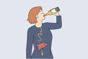 Problem of female alcoholism is girl who drinks beer, which destroys liver and is harmful to health vector