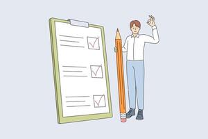 List for task management and giant pencil next to man ticking checkboxes on sheet of paper vector