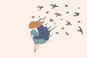 Depressive disorder in woman sitting on high cliff with birds flying out of back vector