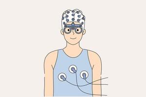 Health diagnostics for man connected to sensors of medical equipment for heart card and brain ecg vector