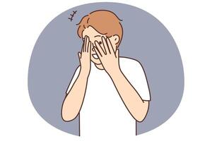 Smiling boy hide behind fingers vector