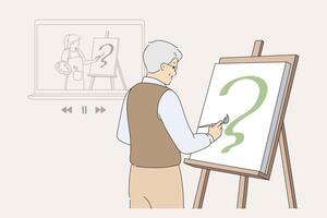 Elderly man artist draws picture using advice from online lesson, developing own creative potential vector