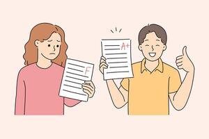 Different grades for school exams for boy and girl showing paper with test grade A or F vector