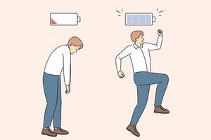 Tired business man turns into energetic clerk, thanks to emergence of motivation and ambition vector