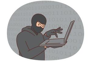 Hacker, cybercriminal with laptop stealing users personal data vector