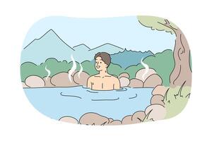 Man bathes in thermal spring in forest, using alternative medicine to improve health vector