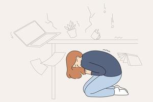 Earthquake frightened businesswoman who hid under table to escape falling objects vector