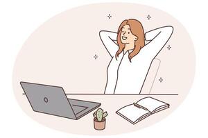 Smiling woman sitting at a table with a laptop vector