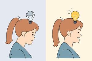 Good idea for startup appeared in head of upset woman with broken light bulb near face vector