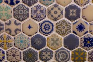 Intricate hexagonal tile patterns showcasing vibrant colors and designs in traditional architecture photo