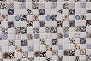 Decorative ceramic tiles arranged in a colorful mosaic pattern in a bright space photo