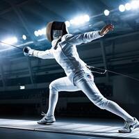 Action of a Fencer Lunging Forward in Competition photo
