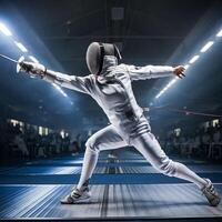 Action of a Fencer Lunging Forward in Competition photo