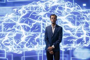 Portrait of skilled technician implementing artificial intelligence parallel processing, breaking up complex computational tasks enabling AI systems to process data faster. photo