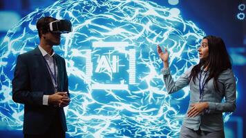 Tech experts presenting VR headset and AI tech during summit presentation, exploring successful implementation of artificial intelligence and virtual reality in driving forward businesses, camera B photo