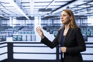 Engineer in data center monitoring system performance using AR tech, identifying bottlenecks and implementing optimizations. Expert in server hub troubleshooting bugs with augmented reality photo
