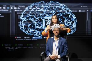 Experts speaking at tech event, explaining impact of neural implants and artificial intelligence technology. Neuroscience researchers present risks and threats associated with AI during experiment photo