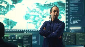 Cybersecurity team investigating cybercrime and malware attacks. IT security experts analyzing threats and protecting national security, working on data protection and privacy. Cyberwarfare. Camera A. photo