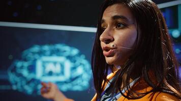 AI expert showcasing new cutting edge technologies, discussing industry advancements. Extreme close up of woman sharing latest developments in AI and Big Data industries, camera B photo