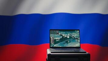 Russian Federal Security Service using radar system to detect ballistic missiles attacking borders. Kremlin regime army using notebook to scan approaching rockets, deploying shields, camera B photo