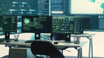Advanced cyber surveillance room with no personnel present. Governmental agency ensuring national security through cyber security monitoring, data protection and malware detection. Camera A. photo