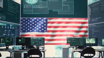 Empty cyber environment featuring the American flag on a big screen. Emphasizing cyber operations, digital safety and advanced technology for information security and cyber defense. Camera B. photo