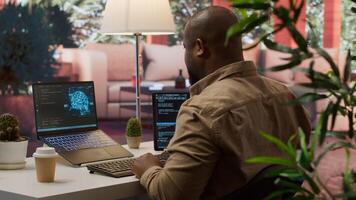 Software engineer coding on a laptop focusing on deep learning, database management and binary code to develop next generation AI solutions and interfaces. Database processing. Camera A. photo