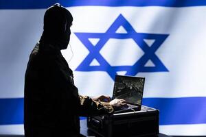 Mossad agent operating anti ballistic system designed to counter intercontinental missiles threatening country. Israeli counterintelligence operative defending national territory against rockets photo