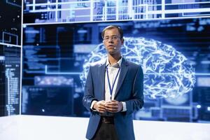 Engaging speaker talking at AI convention, sharing industry expertise to inspire audience. IT specialist exploring latest artificial intelligence solutions, technologies and tools at tech event photo