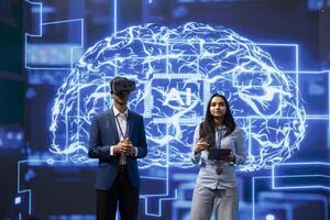 Portrait of specialists doing virtual reality demonstration at AI convention gathering tech startups. Engineers at summit event showing how to use VR goggles and artificial intelligence technology photo