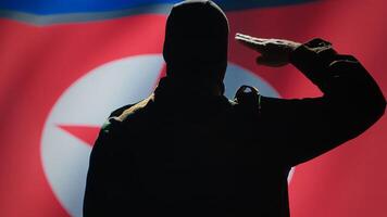 Secret intelligence agent doing saluting hand gesture towards North Korea flag in war room, showing respect. Special operations spy with mask serving country, doing honoring gesturing, camera A photo