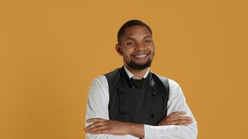 Portrait of restaurant waiter wearing professional uniform and apron getting ready to assist and serve clients. Employee working in service oriented environment for customer satisfaction. Camera A. photo