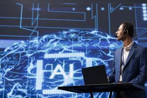 Public speaker talking with audience during remote call online AI webinar hosting leading experts and researchers exploring latest insights in artificial intelligence technology photo