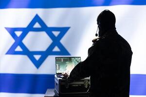 Israel Air Defense Forces early warning systems operator monitoring incoming enemy aerial attacks. IDF agent maintains air space superiority with radar during Middle East conflicts photo