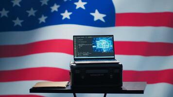 American programmer combating enemy bot accounts on social media with AI technology. Technician working for USA CIA agency building artificial intelligence algorithms to detect fake news, camera A photo