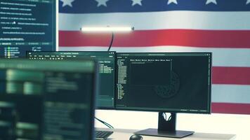 Governmental security operations center with an USA flag. Focus on cyber threat analysis, secure operations and digital forensics to protect information and ensure cyber safety. Camera A. photo